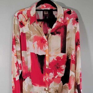 Tanjay Petite Bright floral blouse. Colours pink, tan, orange, black and white.